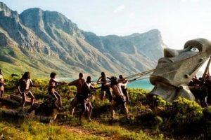 ilustración de Rapanui alzando un Moai